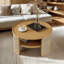Table basse en bois naturel et rotin avec rangement et bord arrondi