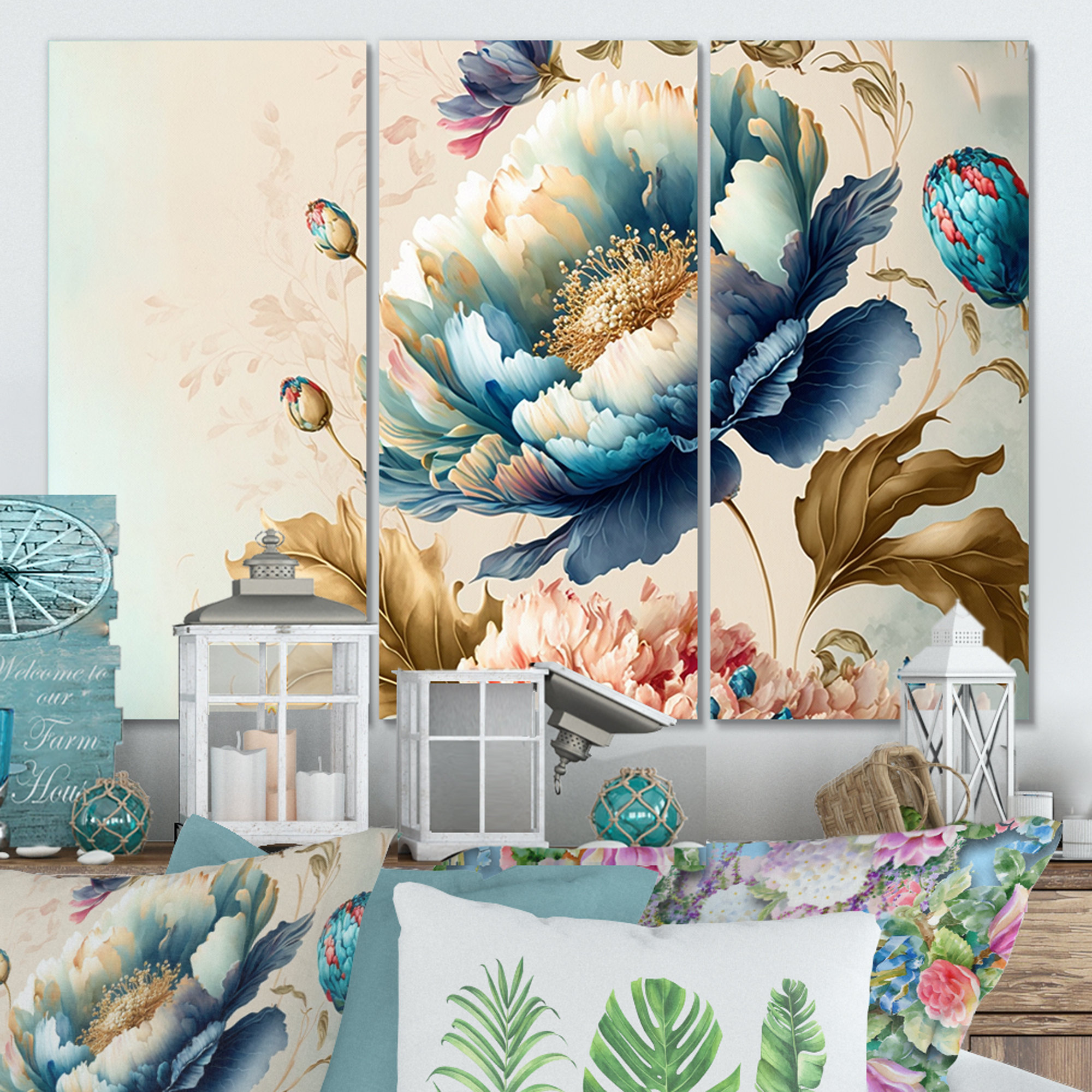 DesignArt Blue And Gold Floral Bunch I On Canvas 3 Pieces Print | Wayfair