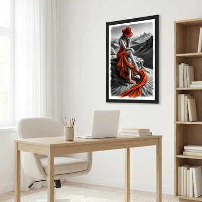 Toile noire encadrée en bois noir pour salon, chambre à coucher, bureau ou vestibule - décoration murale décorative avec chapeau rouge