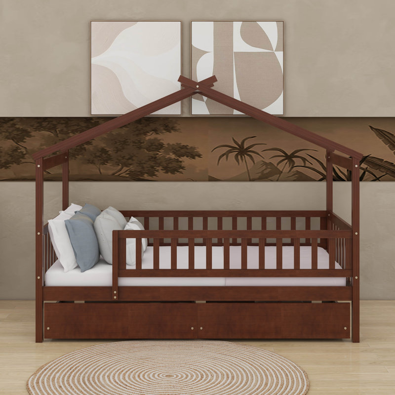 Lit simple en bois avec tiroirs, Noyer