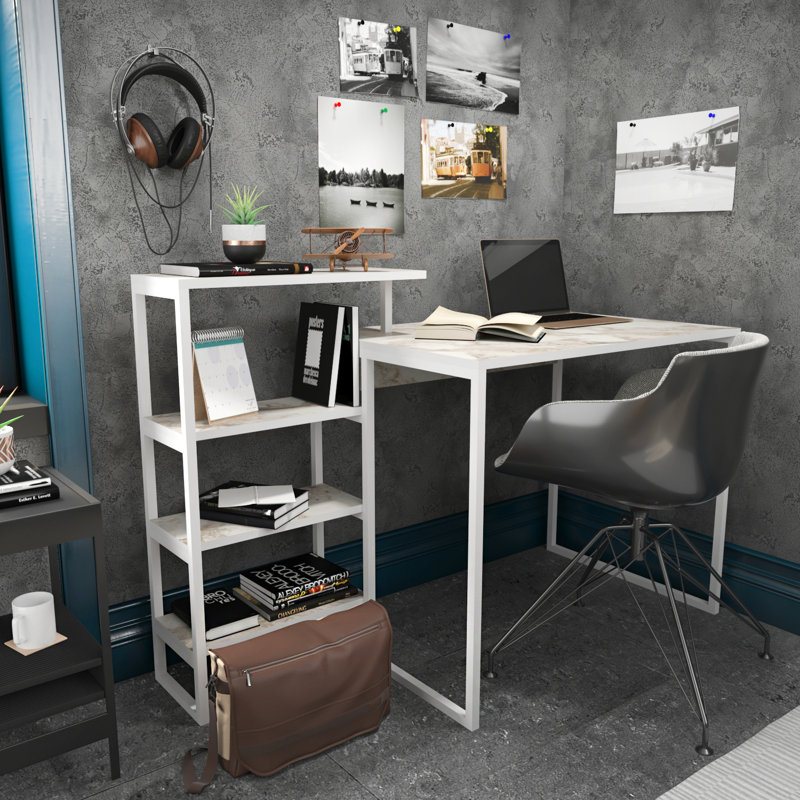 Amarah 133cm W Rectangular Computer Desk, White Marble Effect