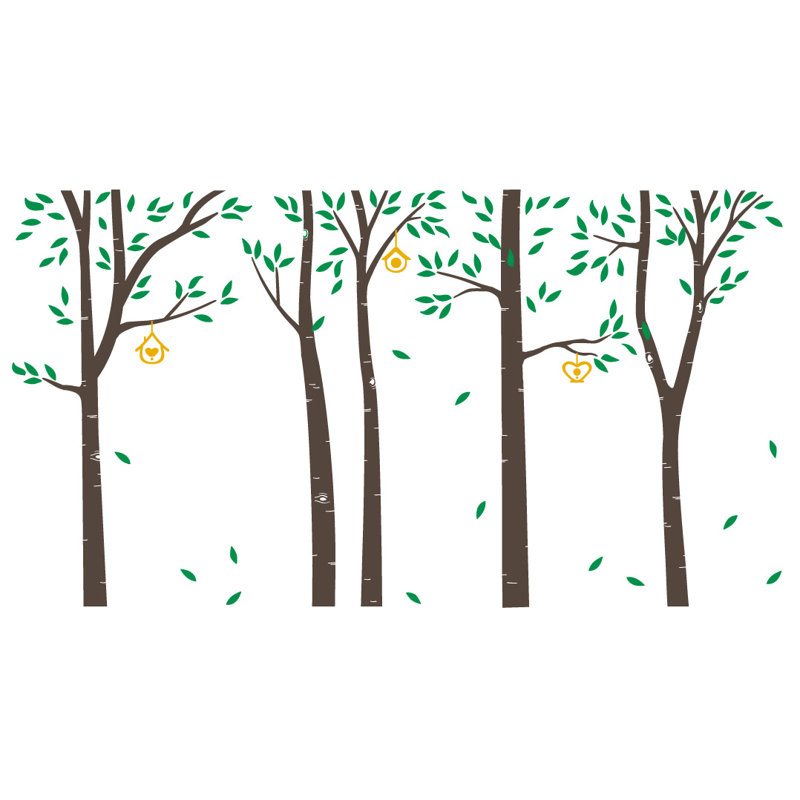 Décalcomanie murale arbres et maisons à oiseau bouleau, Brun / Vert / Jaune