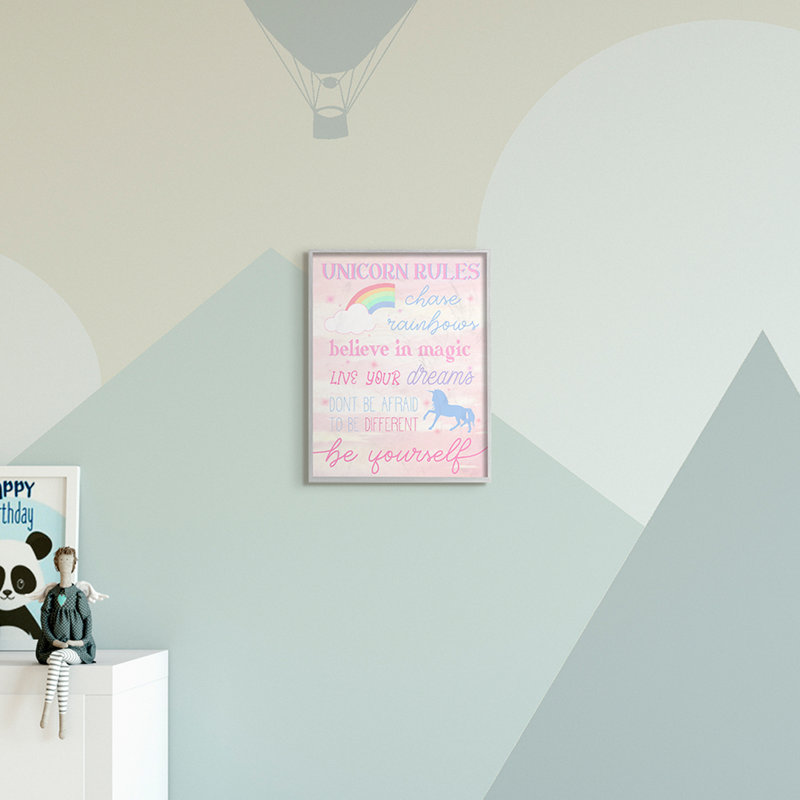 Unicorn Rules Happiness Rainbow Pink Sky, Farmhouse Grey Framed Giclee, 14" H x 11" W x 1.5" D