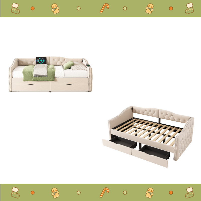 Lit de jour rembourré avec tiroirs de rangement, lit de jour simple en bois, aucun sommier nécessaire