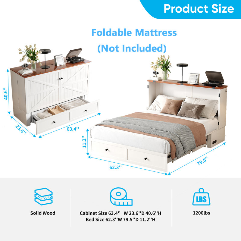 Murphy Bed With Built-in Charging Station, Queenl Size Cabinet Bed With Storage Drawers,for Living Room, Apartment, Bedroom