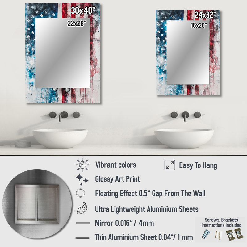 «First Astronault In Space With Usa Flag II», miroir décoratif traditionnel, art mural en métal imprimé, 32 po x 24 po