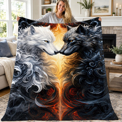 Couverture jetée loup (1 pièce), motif Yin Yang loup feu et glace, en flanelle, ultra douce, confortable, légère et chaude, idéale pour canapé, lit, salon, chambre d'étudiant, bureau, voyage, décoration intérieure, couverture toutes saisons, cadeau idéal pour les fêtes