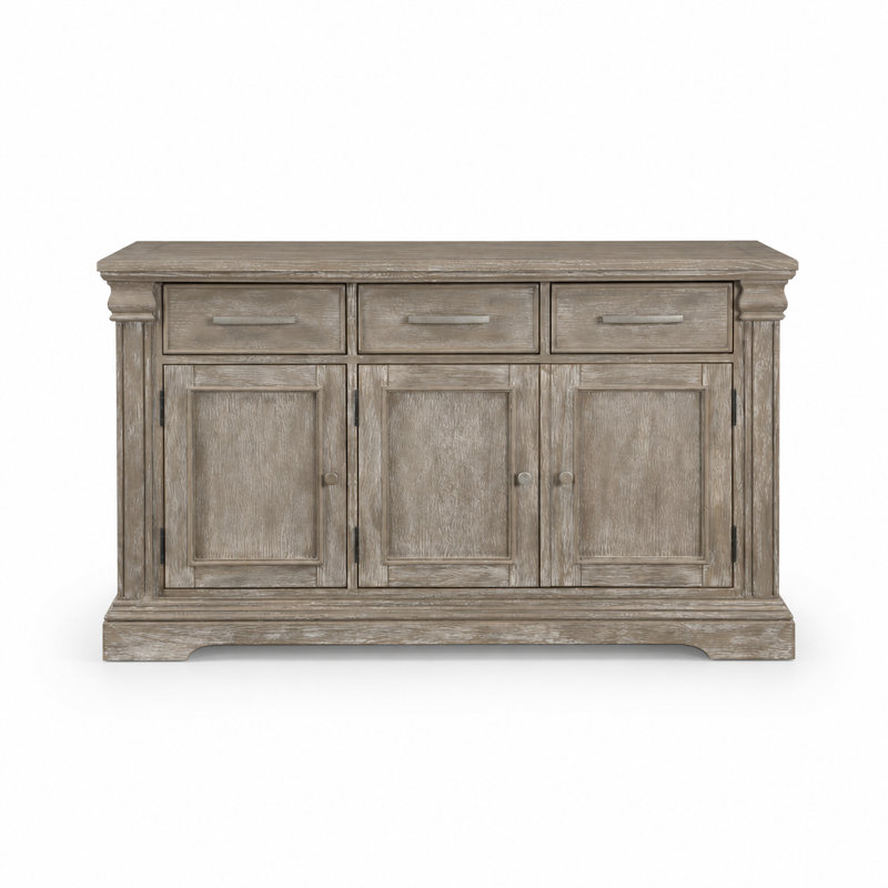 Hewitt 60" Transitional Sideboard – Wire-Brushed Gray · 3 Drawers & 2 Cabinets · Nickel Tone Hardware