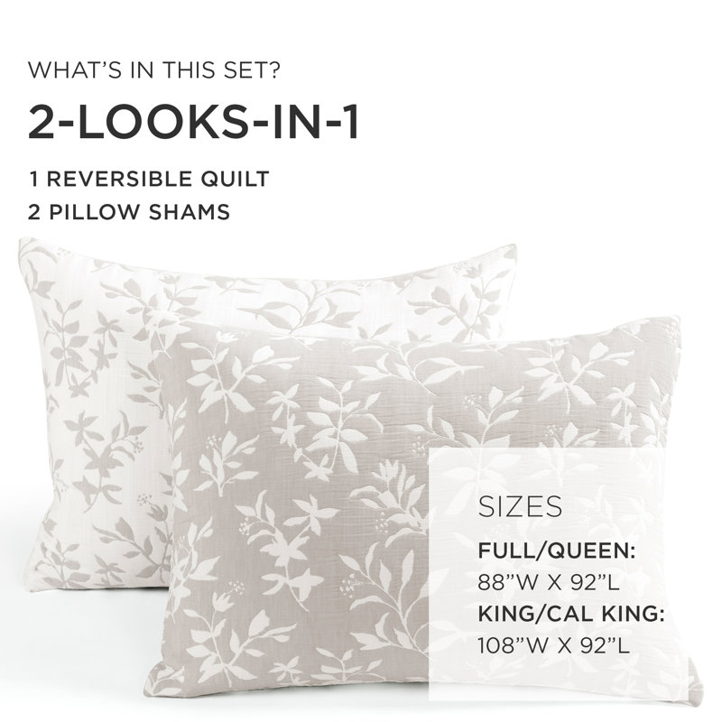 Floral Jacquard Reversible Soft Matelassé Quilt 3Pc Set, California King Quilt + 2 King Shams, Beige
