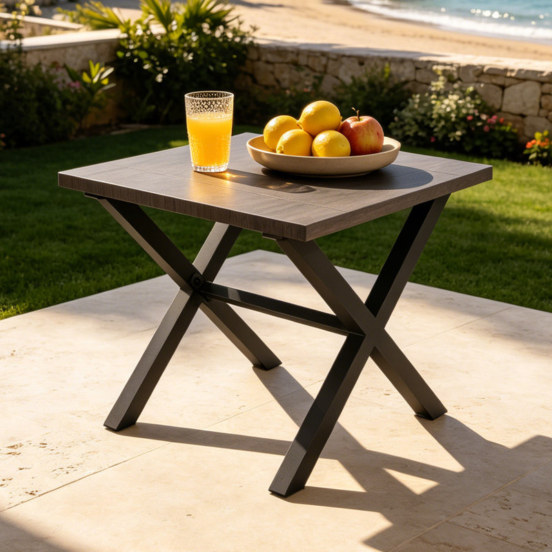 Square Patio Coffee Table, Outdoor Side Table with Wood Grain Top