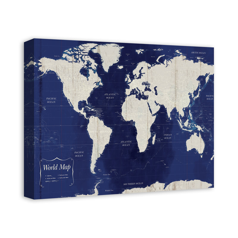 Carte du monde bleu marine sur toile, H 16 po x l 20 po x P 1,25 po