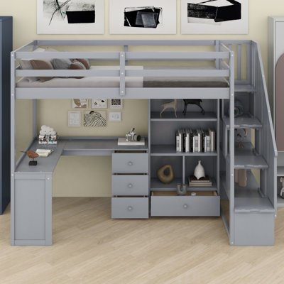 Modern Loft Bed with L-Shaped Desk, Drawers,
