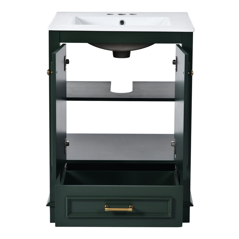 24" Bathroom Storage Vanity With Ceramic Sink, And Versatile Cabinet & Silver Handles Modern Smooth Surface Treatment