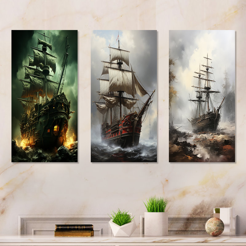 Pirate Ghost Ship I - Pirate Metal Wall Art Set Of 3, 28" H x 36" W
