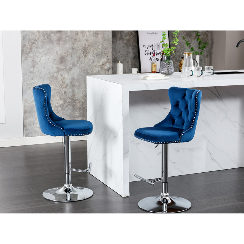 Pivot réglable en velours bleu d'une hauteur de 25 à 33 po, avec dossier confortable pour îlot de cuisine (de 2, Bleu