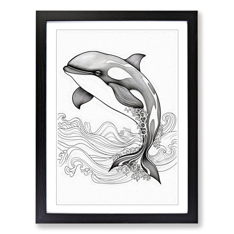 Orca Whale Line - Single Picture Frame Print on Wood, Black, 64cm H x 46cm W x 2cm D