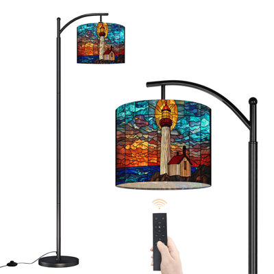 Arc Floor Lamp with Adjustable Lampshade Maritime Stained Glass Artwork Standing Lamp 3 Color Temperatures Dimmable Tall Pole Lamp with Foot Switch for Bedroom
