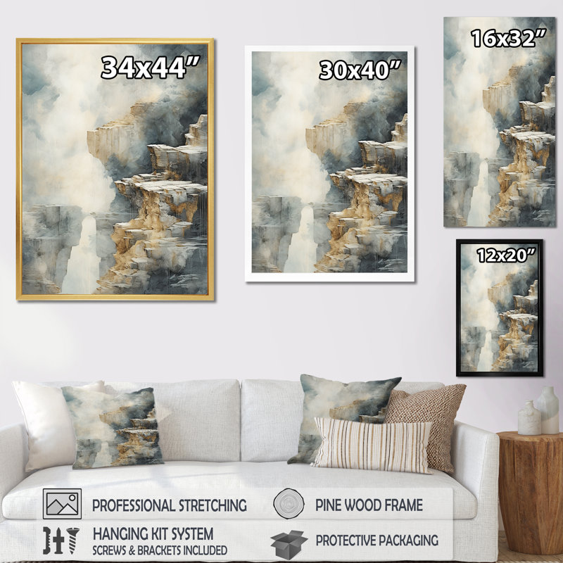 «Gold and Grey Waterfall Adventure Scene II», reproduction sur toile, Cadre flottant doré, H 32 po x l 16 po x P 1 po