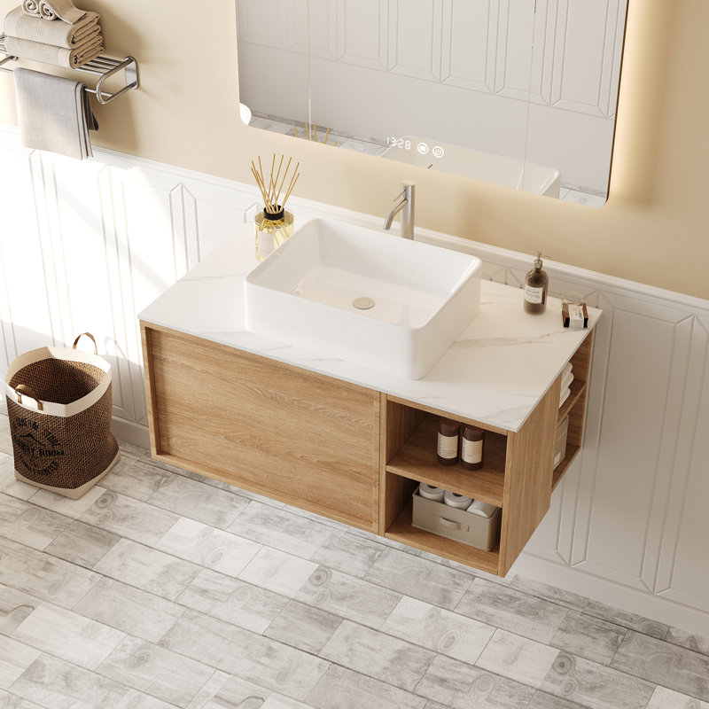 36'' Wall Mounted Floating Bathroom Vanity Set With Faux Marble Top, Removable Shelf