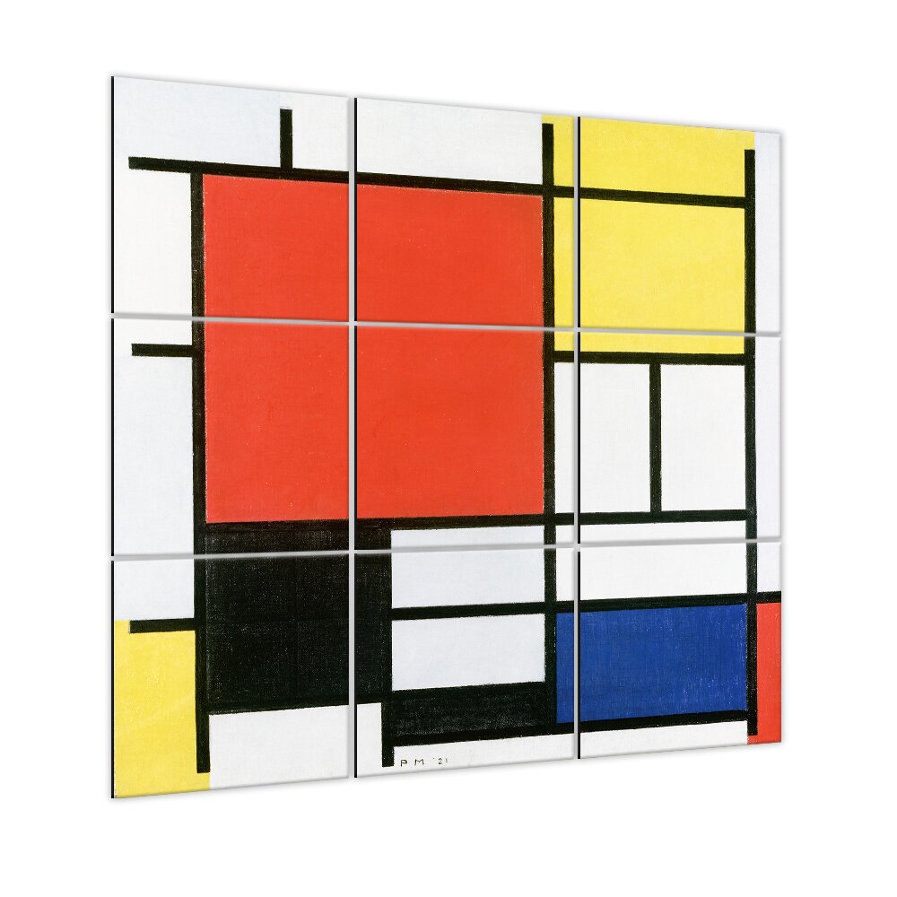 9-tlg. Wandbilder-Set Komposition mit großer roter Fläche, Gelb, Schwarz, Grau und Blau von Piet Mondrian