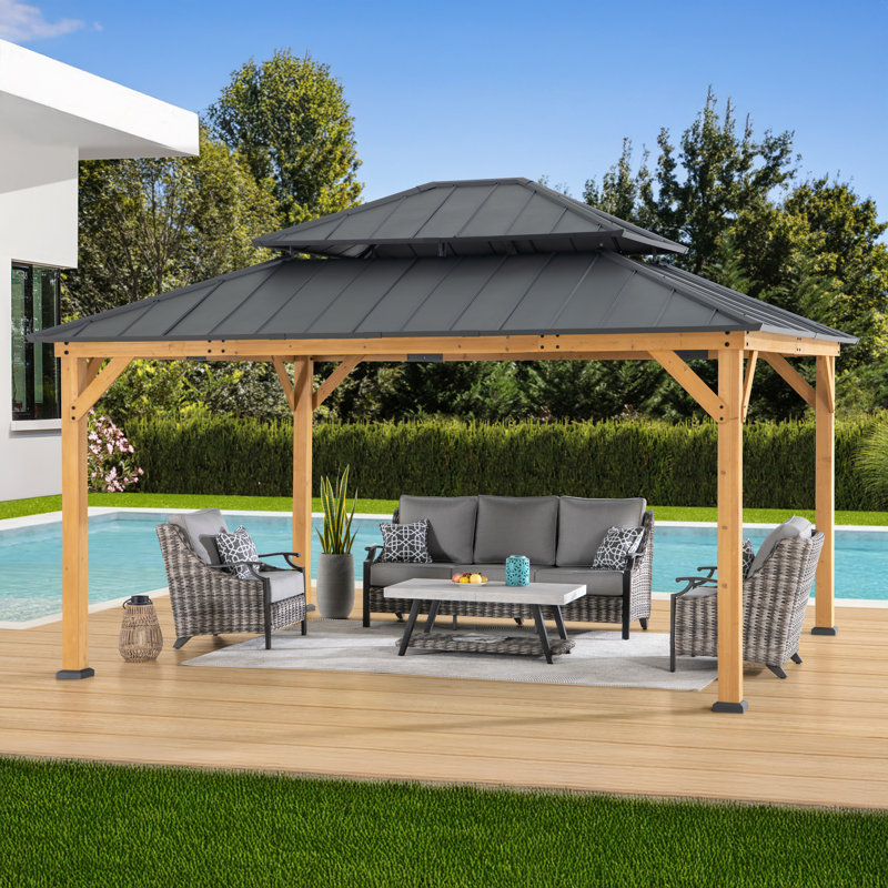Sunjoy 3.9m x 4.5m Cedar Wooden Gazebo with Ventilated Roof, Dual Rail System & Ceiling Hook, Anthracite – Sturdy Garden HardTop Pavilion for Outdoor Patio, Backyard, and Garden