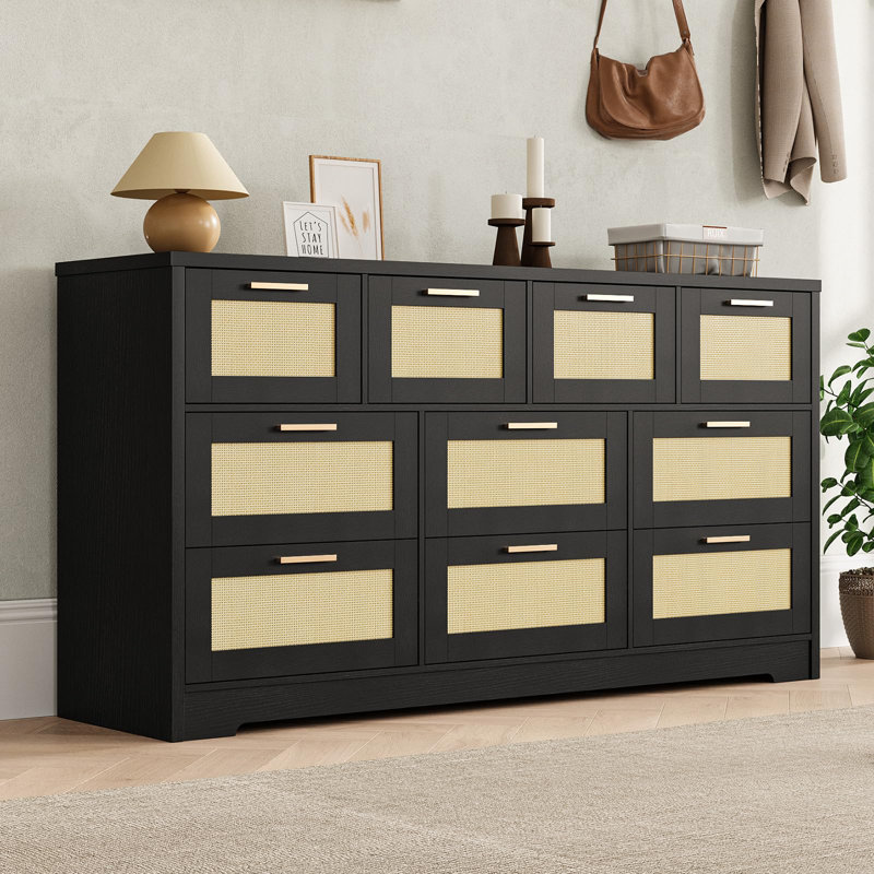Commode à 10 tiroirs en rotin de 59 po de largeur avec fermoir anti-basculement, Noir