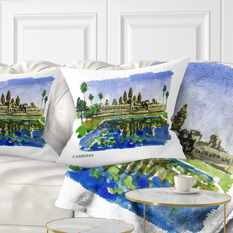 Cambodia Vector - Landscape Printed Pillow, 16" x 16", Throw Pillow