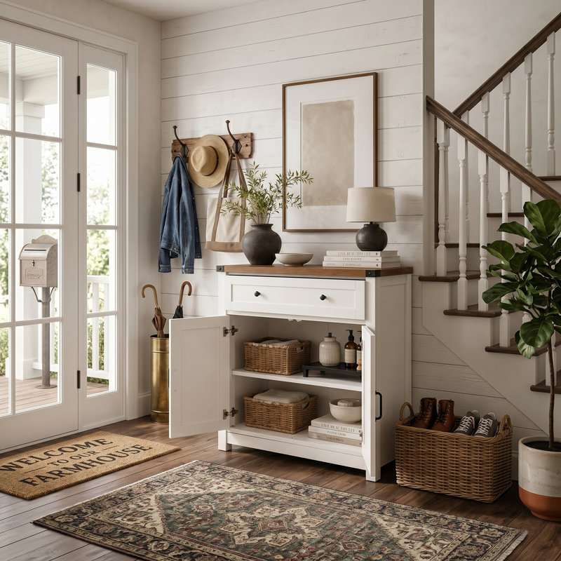 Farmhouse 2-Door Storage Cabinet with Drawer, Barn Door Accent Cabinet for Living Room, Entryway, Kitchen Storage, White