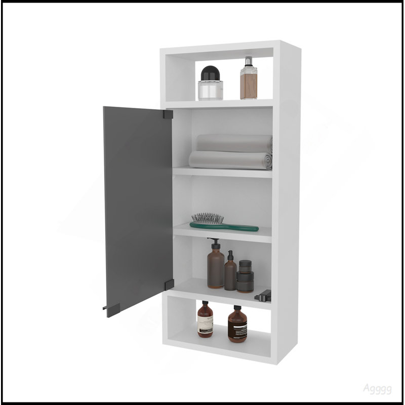 Armoire à pharmacie avec porte en miroir et rangement ouvert, blanc FM