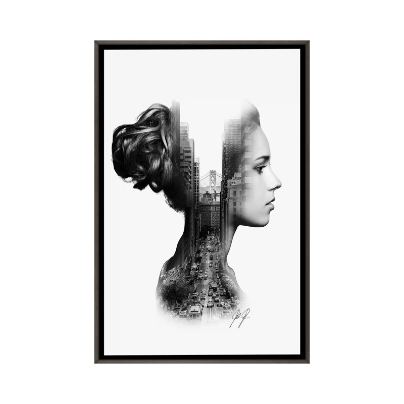Impression d’art graphique « profile I » par Kathrin Federer, Toile encadrée de bois rustique foncé, Pas de tapis