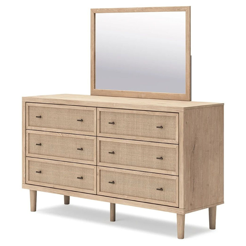 Ensemble de commode et miroir 2 pièces Ciel, 6 tiroirs avant en faux canne, bois brun