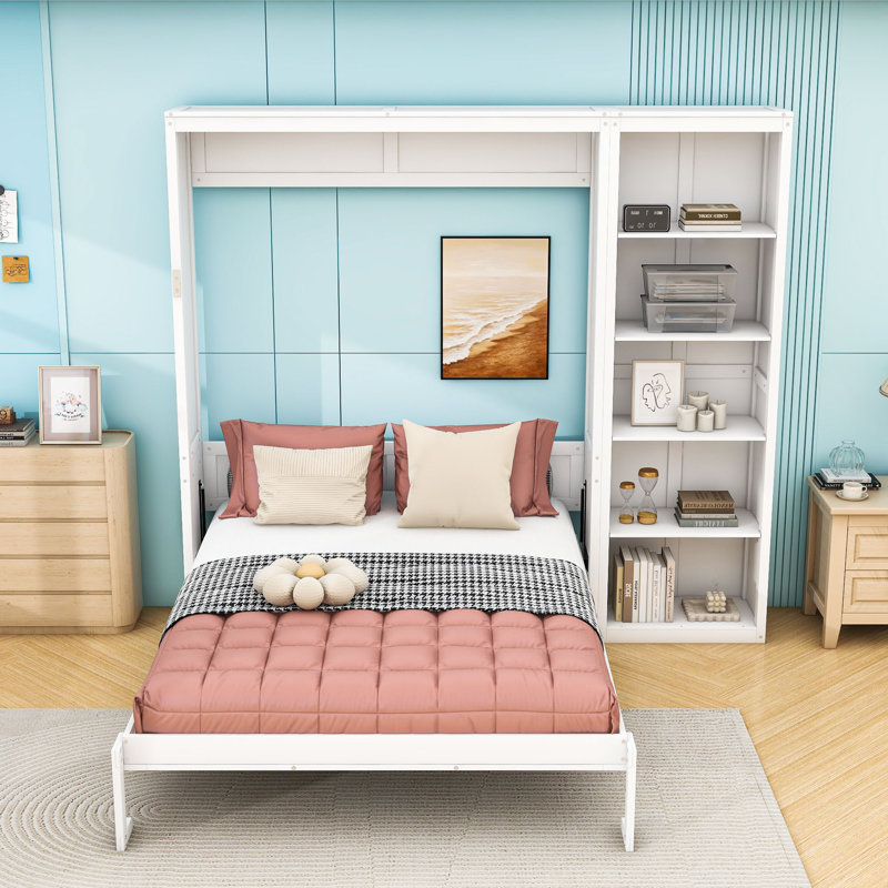 Wood Murphy Bed with Multi-Function Shelves, Full, White