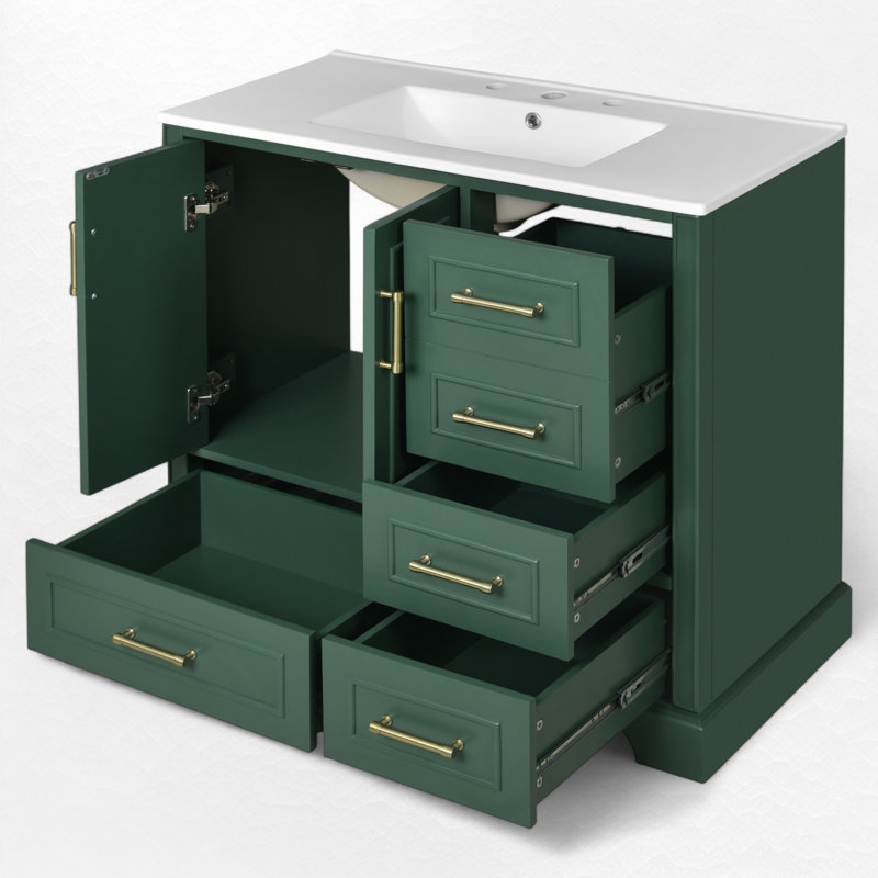 36" Single Bathroom Vanity With Ceramic Sink, Green, Gold