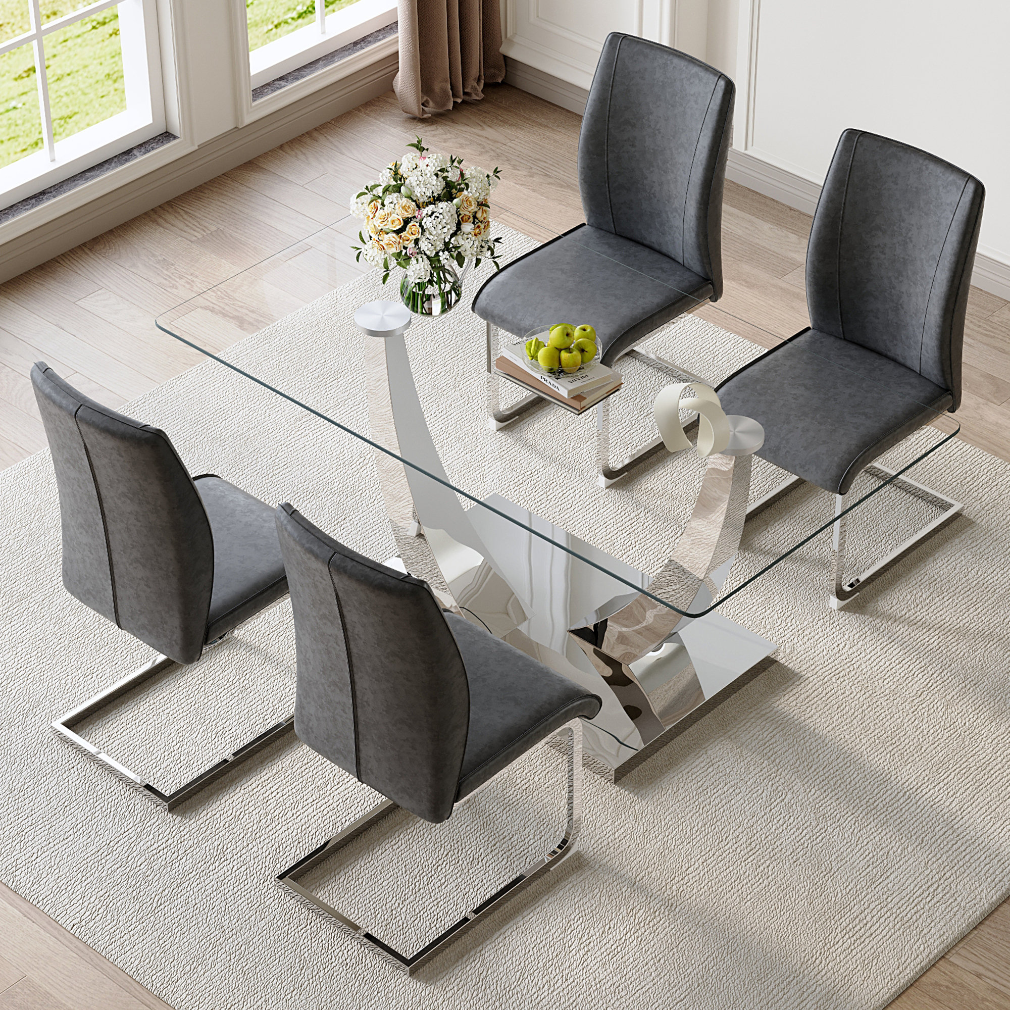 Orren Ellis Tempered glass dining table with silver legs, paired with 4 ...