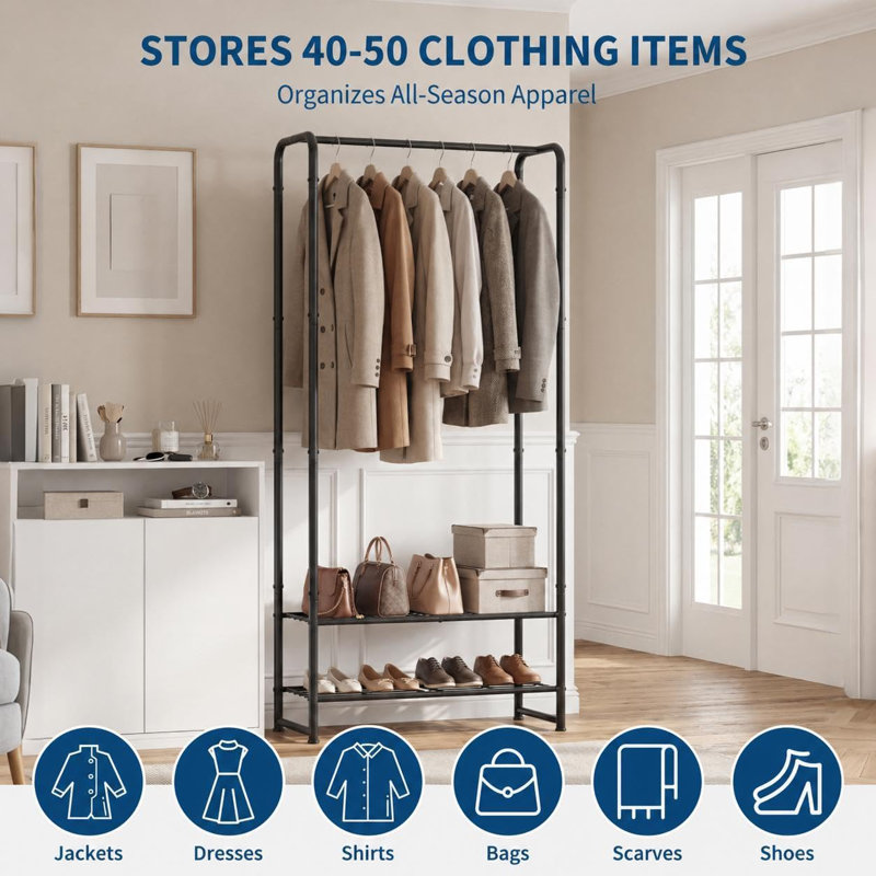 2-in-1 Freestanding Metal Clothes Rack With Storage Shelves, Portable Black Garment Rack Heavy Duty Hanging Clothing Organizer For Bedroom Entryway Dorm Apartment