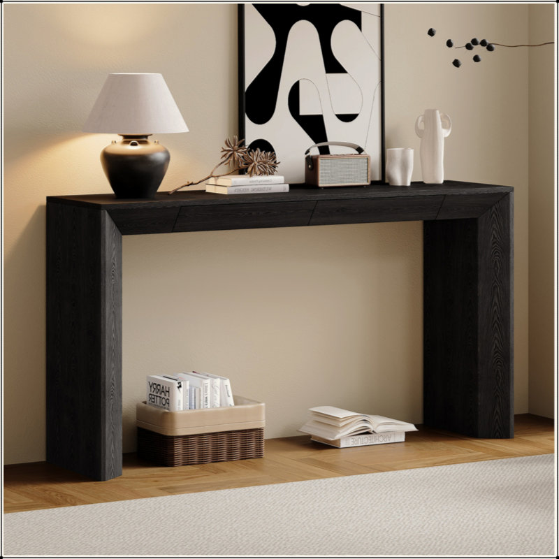 Console 60 po avec 2 tiroirs dissimulés, table d'entrée de style cascade avec pieds épaissis et grain de bois rustique pour le salon, le vestibule et le couloir