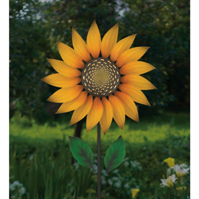 Metal Textured Flower Wind Spinner Garden Stake with Powder Coated Finish and Durable Ball Bearings