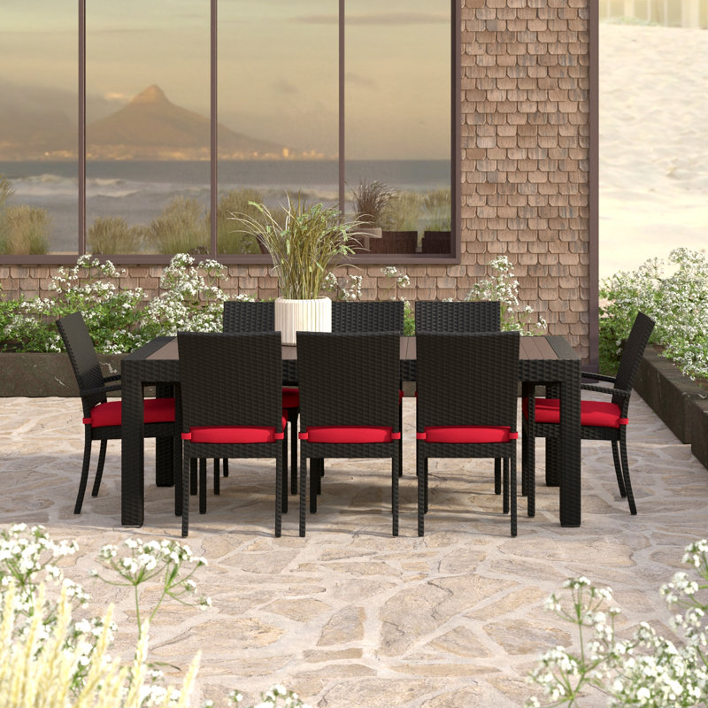 8 Piece Sunbrella Outdoor Patio Dining Chairs, Canvas Jockey Red Sunbrella® Canvas, Brown