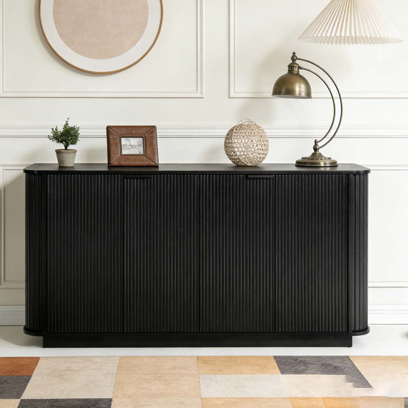 63"Wavy Storage Sideboard, Double-Door Buffet Cabinet with Adjustable Shelves, Black