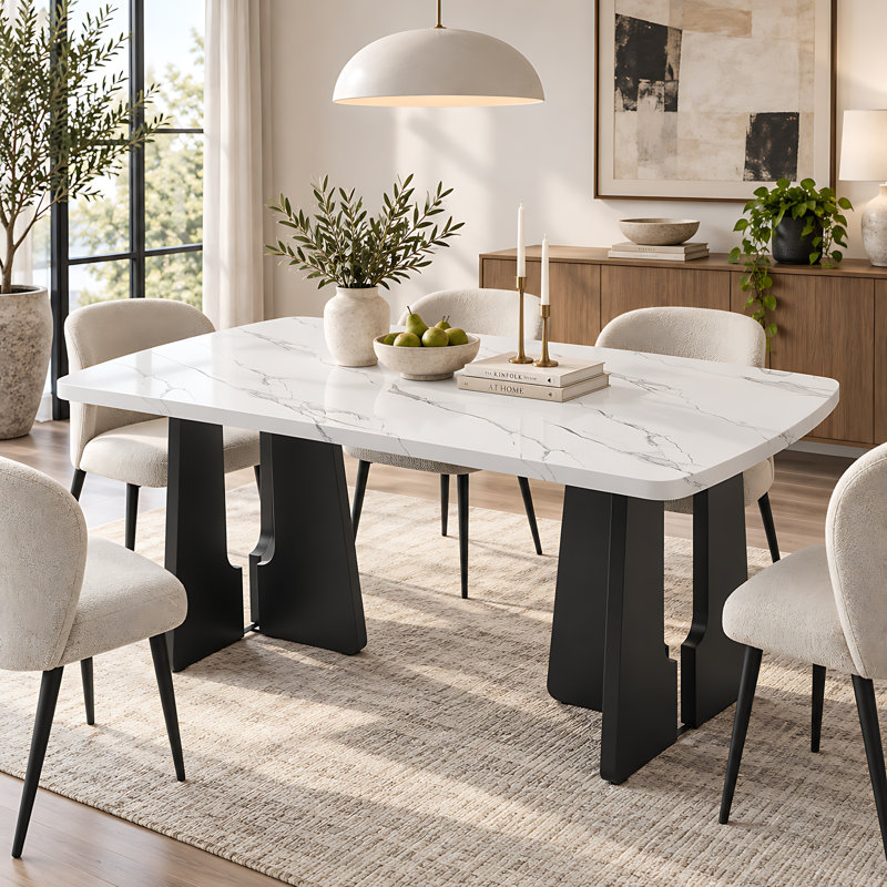 Table de salle à manger en faux marbre avec piètement géométrique, Blanc