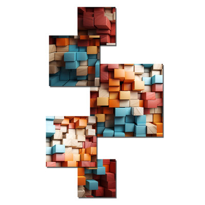 «Blue and Red Abstract Cubes I», ensemble d'art mural carré abstrait cubisme