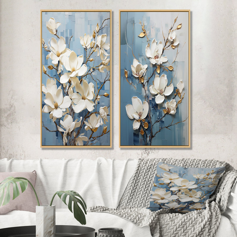 Elegant blanc et bleu Magnolias Serenity - ensemble de 2 impressions sur toile Magnolias, Encadrement brun, H 40 po x l 41 po