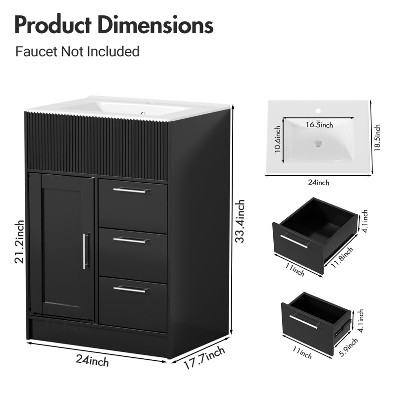 24" Modern Black Freestanding Single Sink Bathroom Vanity Set with Integrated Sink and Storage, Black