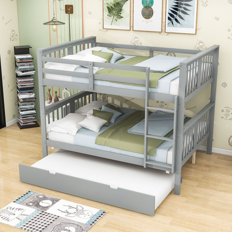 Hielkje Kids Full over Full Wood Bunk Bed with Twin Trundle and Ladder, Gray