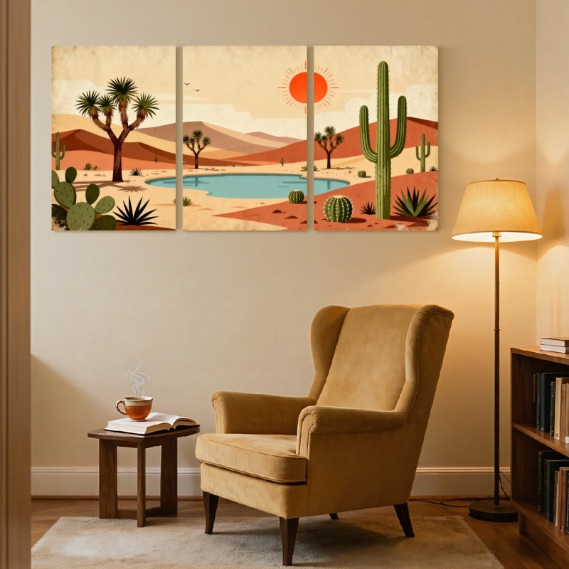 «Landscape & Nature Desert Landscape with Cactus and Oasis», ensemble de 3 impressions sur toile, H 36 po x l 72 po