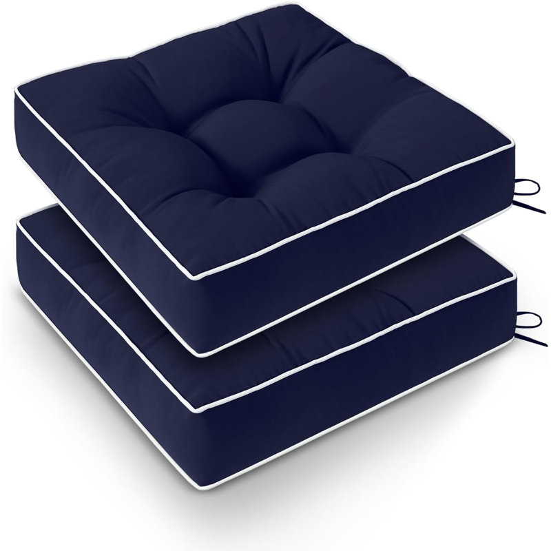 Set of 2 Tufted Outdoor Chair Cushions 19x19 Inch Waterproof UV Resistant with Fastening Straps