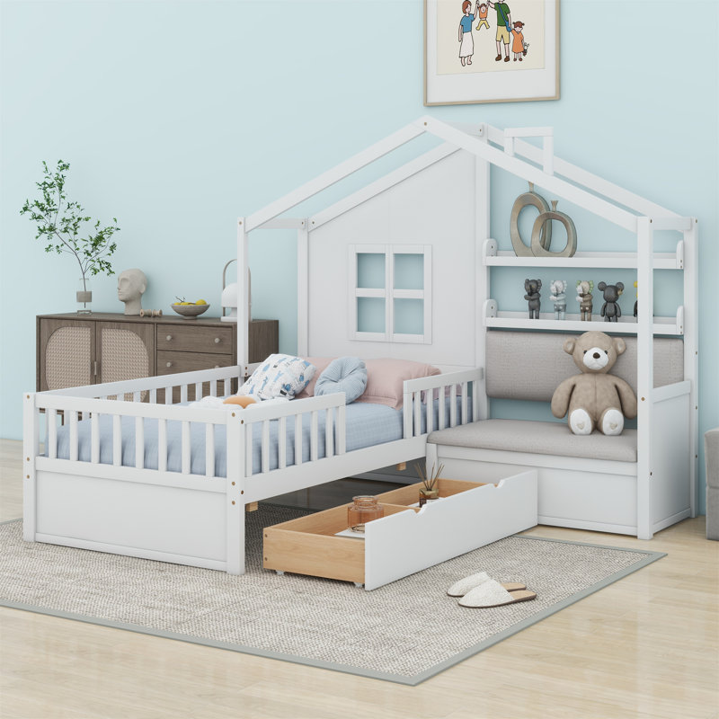 Lit simple avec canapé, lit plateforme pour enfants avec deux tiroirs et une tablette, Blanc