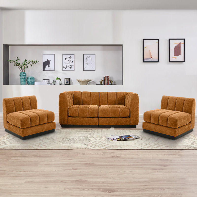 Canapé d'angle modulaire Myrhn, lit convertible contemporain 4 places avec base en bois massif, Orange