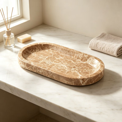 Natural Travertine Marble Tray for Bathroom Countertop, Vanity Organizer for Perfume, Jewelry, Makeup, Decorative Stone Catchall Dish for Home Decor, Rustic Elegant Gift