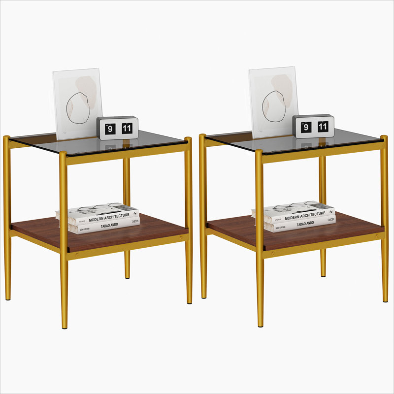 Ensemble de 2 tables de bout rectangulaires, plateau en verre trempé avec panneau de fibres à densité moyenne, table de salon moderne